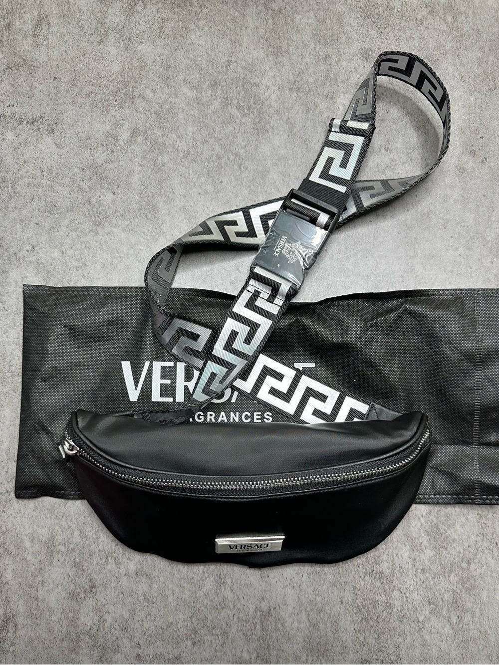 Versace Fragrances Greek Key Belt Bag Black NWT